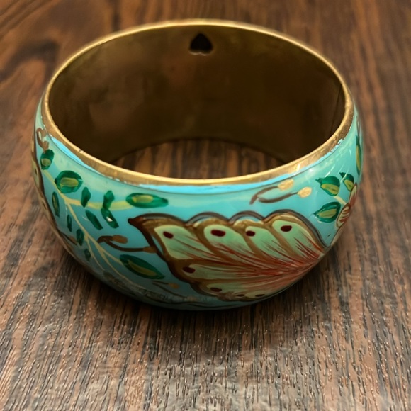 Teal and Gold Flower Bangle Bracelet - Picture 7 of 7
